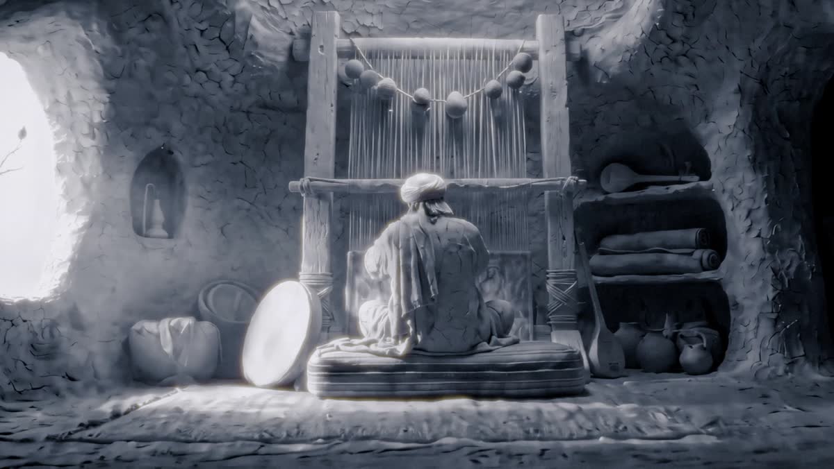 A clay weaver seated at a vertical loom in a grey cave, a frame drum leaning beside him