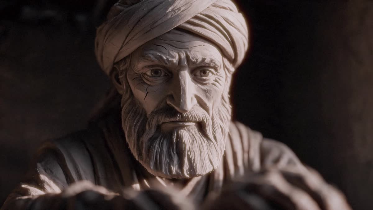 The weaver's face, carved clay, cracked and drying