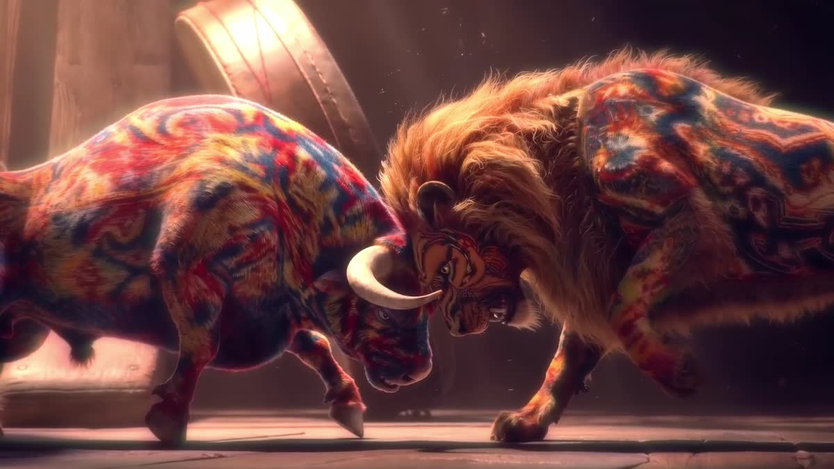 The woven lion and bull facing each other on the rug
