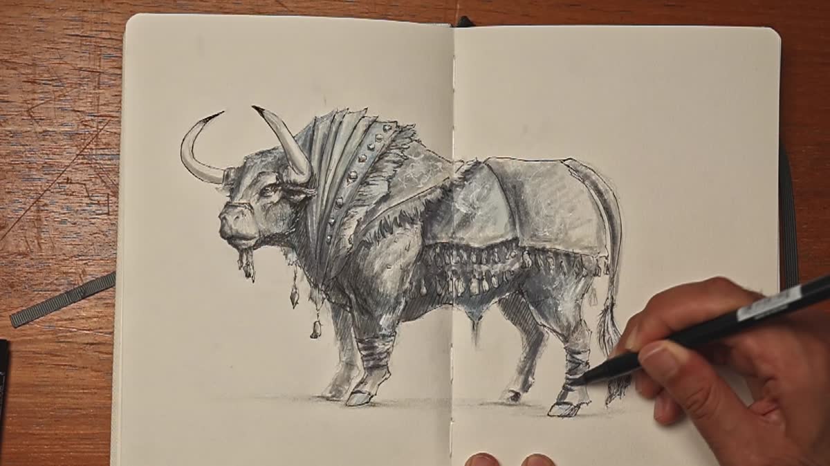 The bull drawn in pencil in a sketchbook, armoured and horned