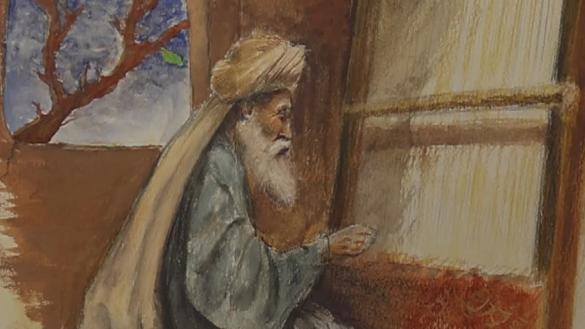 A watercolour study of the weaver at his loom, a tree through the window